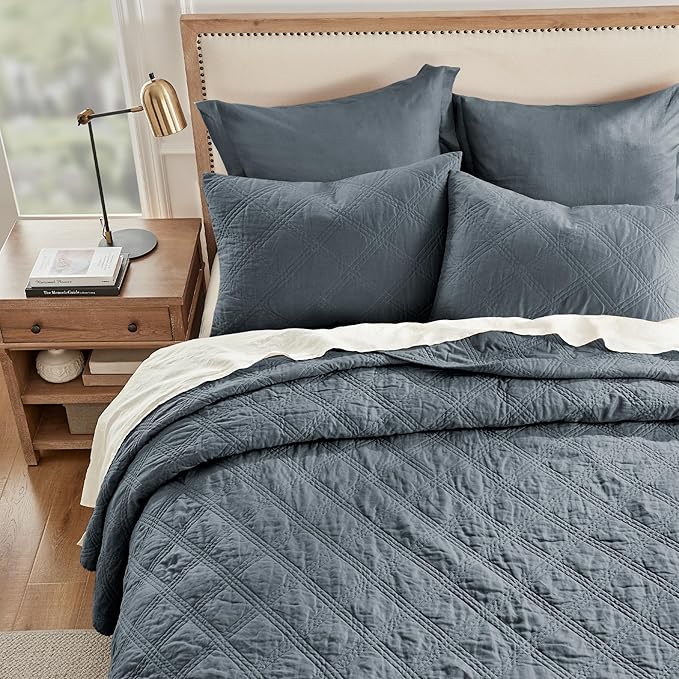 Levtex Home - 100% Linen Front/100% Cotton Back - King Quilted Sham - Washed Linen - Denim Blue - Sham Size (36 x 20in.)
