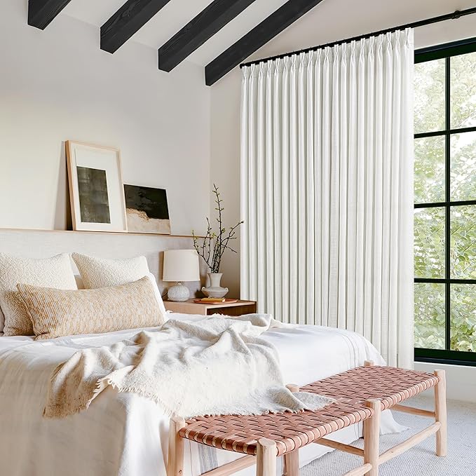 Extra Wide Pinch Pleat Linen Curtains 108 Inches Long for Living Room Sliding Glass Door 70 Inch Wide Semi Sheer Curtain Ivory White Boho Pleated Drape Hooks Rings 70x108 Large Window Curtain 1 Panel
