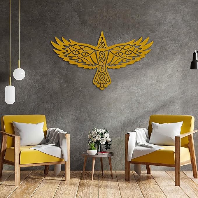 KAWA METALWORKS Nordic Viking Wall Art Decor, Norse Raven Metal Sculpture, Odin's Wall Decor, Mythology Art (Black, Small - 10.2" x 18" (H x W))