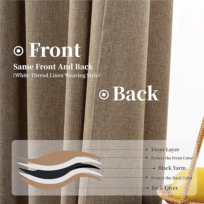KangBang 2Pcs Extra Wide Blackout Linen Curtains & Drapes 108 Inch Length for Hall Large Windows, Back Tab/Rod Pocket/Hook Belt Black Out Curtains for Living Room Patio Sliding Door(84x108, Biscuit)