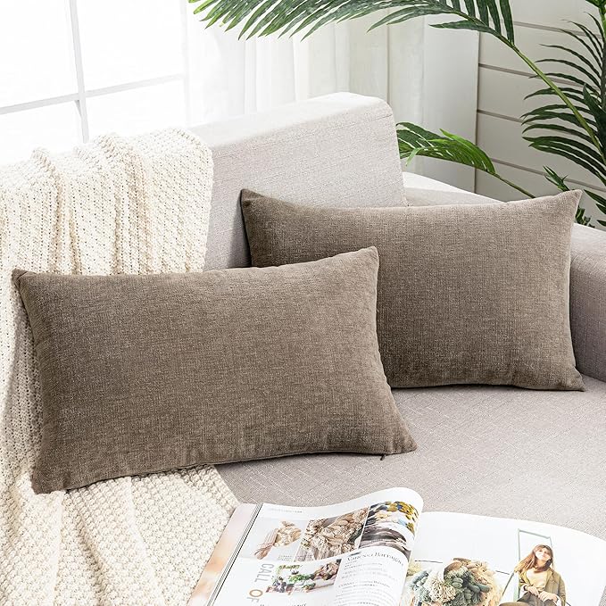 GAWAMAY Lumbar Pillow Decorative Rectangle Throw Pillow Covers 12"x20" Inch Set of 2, Super Soft Chenille Pillowcase for Living Room Bedroom Sofa Couch Cushion Cover Taupe Grey 30x50cm (ONLY Covers)
