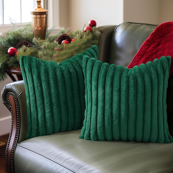 Pallene Faux Fur Plush Christmas Throw Pillow Covers 24x24 Set of 2, Luxury Soft Fluffy Striped Decorative Pillow Covers for Sofa, Couch, Living Room, Christmas Green