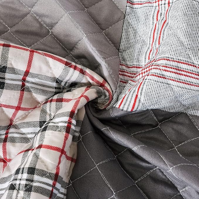 Travan Quilt Set 3-Piece Oversized Quilted Bedspread Coverlet Set Grey European British Grid Patchwork Bedding Set, Queen Size