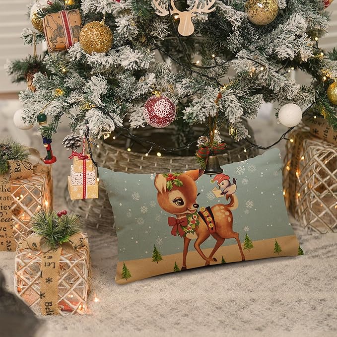 Blue Linen Christmas Pillow Covers - 12x20 Inch, Winter Deer Xmas Throw Pillows - 12 Pack, Outdoor Couch Home Decor