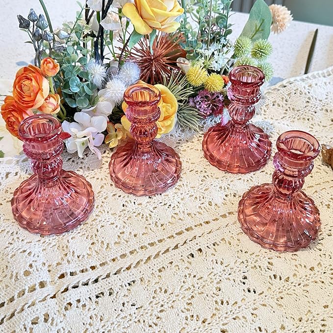 Glass Candlestick Holder,Striped Taper Candle Holders,Set of 6 Candle Stand for Table Centerpieces, Home Decor,Weddings,Festival and Parties (Peach Red Stripe Pattern)
