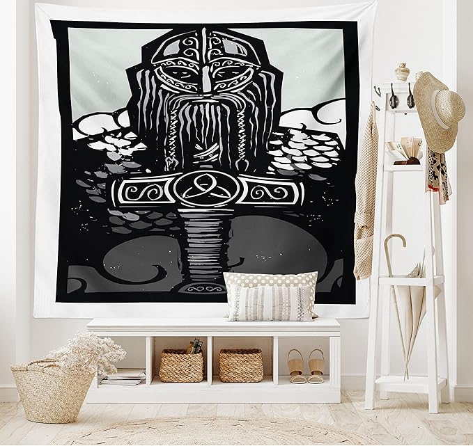 Lunarable Viking Tapestry, Thor Son of Odin Monochrome Design Guardian of Asgard Scandinavian Culture, Wide Wall Hanging for Bedroom Living Room Dorm, 80" X 60", Black White