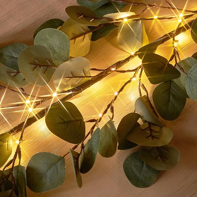 Hairui Lighted Artificial Eucalyptus Garland 6FT 96 LED Battery Operated Faux Vine Lights with Timer for Spring Wedding Backdrop Wall Decor