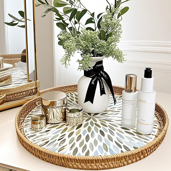 i-lan 14Inch Round Mother of Pearl Inlay Rattan Tray Display, Rattan Coffee Bread Serving Tray with MOP Inlay Wooden Base, Decorative Wicker Basket for Table Decor, Storage of Fruit,Candy