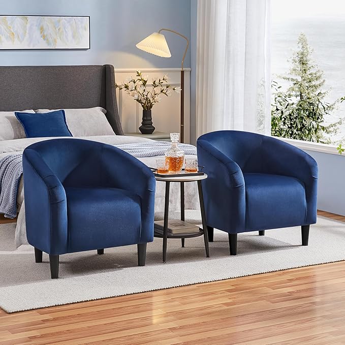 Yaheetech Velvet Accent Chair Set of 2, Barrel Chair for Living Room, Modern Club Chair with Soft Padded Seat and Sturdy Legs for Bedroom Waiting Room Office Reception Room, Navy Blue