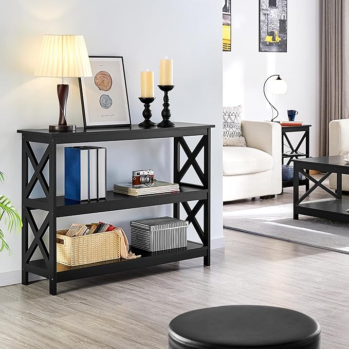Yaheetech Console Table with Storage Shelves, 3-Tier Entryway Table Sofa Side Table Narrow Long Bookshelf for Hallway Living Room, Accent Furniture, Black