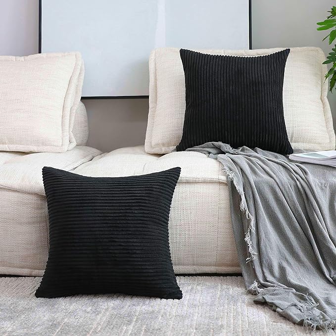 Home Brilliant Large Striped Corduroy Euro Sham Set of 2 Fall Throw Pillow Covers Couch Papasan Cushion Cover for Floor, 24 x 24 inch, Black