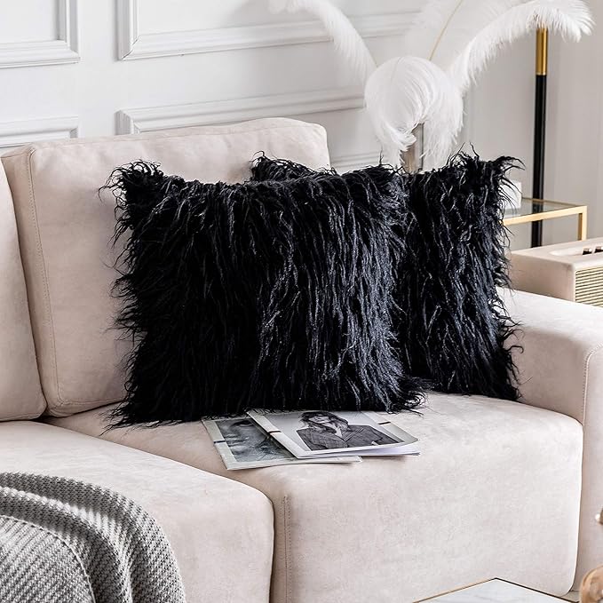 Home Brilliant Faux Fur Pillow Cover for Living Room Black Fall Throw Pillow Case Fuzzy Pillows Cushion Covers, 18 x 18 Inch, 45cm, Black