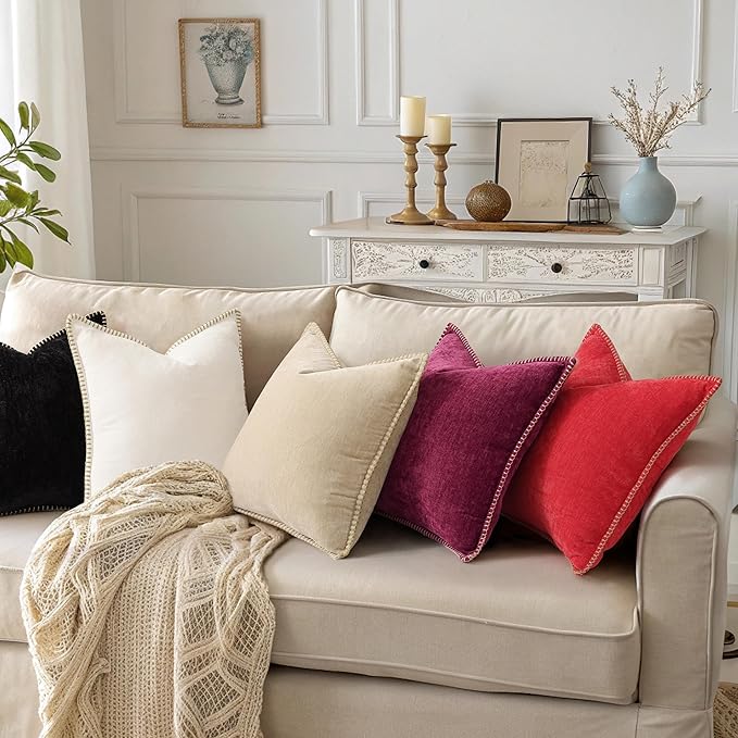decorUhome Christmas Chenille Soft Throw Pillow Covers 16x16 Set of 2, Farmhouse Velvet Neutral Decorative Euro Pillow Covers with Stitched Edge for Couch Sofa Bed Home Decor, Rhododendron