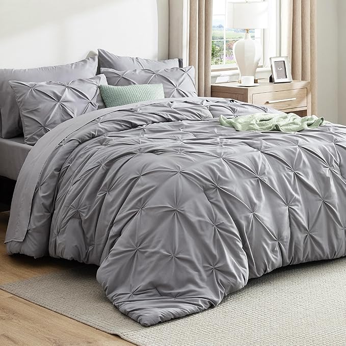 Bedsure Full Comforter Set Grey - Bed in a Bag Full Size Bedding Set 7 Pieces, GentleSoft™ Pintuck Bed Set Gift for Family, Pinch Pleat Grey Comforter with Sheets, Pillowcases & Shams