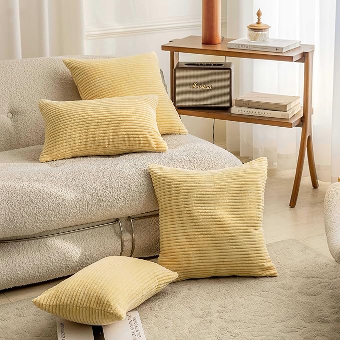 Home Brilliant Throw Pillow for Couch Yellow Square Decorative Euro Sham Modern Striped Corduroy Fall Pillow Cover 24x24 for Chair Sofa Bench Bedroom Winter Decor, 24 x 24 inch (60cm), Light Yellow