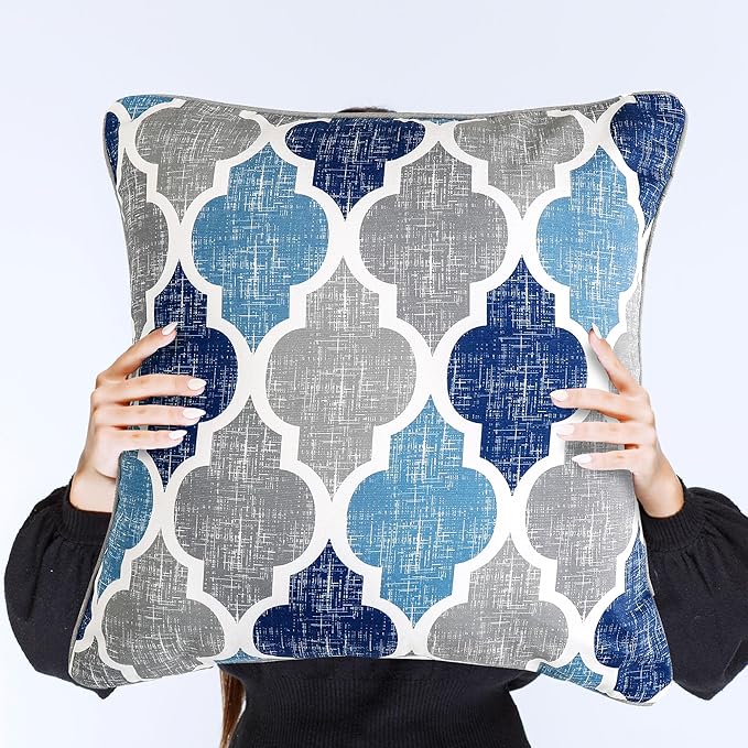 Beauoop Throw Pillowcover Soft Chenille Print Moroccan Geometric 2-Sided Pattern Blue and Gray Decorative Velvet Square Cushion Covers Standard Pillowcase Couch Sofa Bed Men/Women 20x20 Inch, Set of 2
