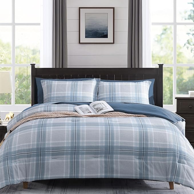 MaiRêve Plaid Twin XL Comforter Set, Light Blue Grid Bedding Set for Boys & Girls, Classic Checkered Bed in A Bag Comforter Sets with Fitted & Flat Sheet, Pillowcase & Sham(Light Blue, 66"x90")