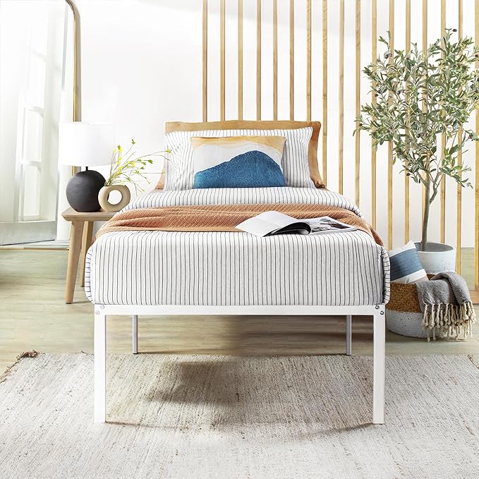 Best Price Mattress 18 Inch Metal Platform Bed Frame, Heavy Duty Steel Slats, White, Twin
