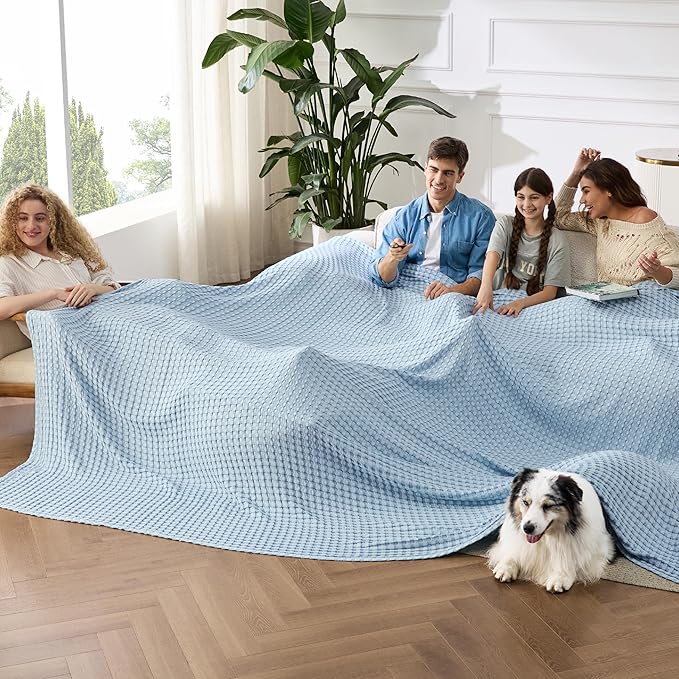 Bedsure Cooling Cotton Waffle Oversized King Blanket - Lightweight Breathable Rayon Derived from Bamboo for Hot Sleepers, Luxury Throws for Bed and Sofa, Blue, 120x96 Inches