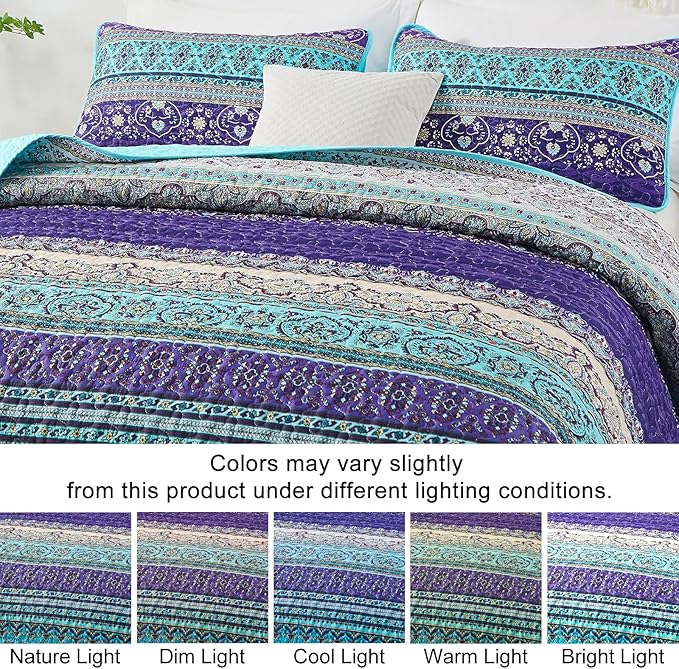 WONGS BEDDING Boho Queen Quilt Set, Blue Purple Bohemian Queen Quilt Bedding Set, Lightweight Microfiber Bed Decor Bedspread for All Season 96"x90"(3 Pieces)