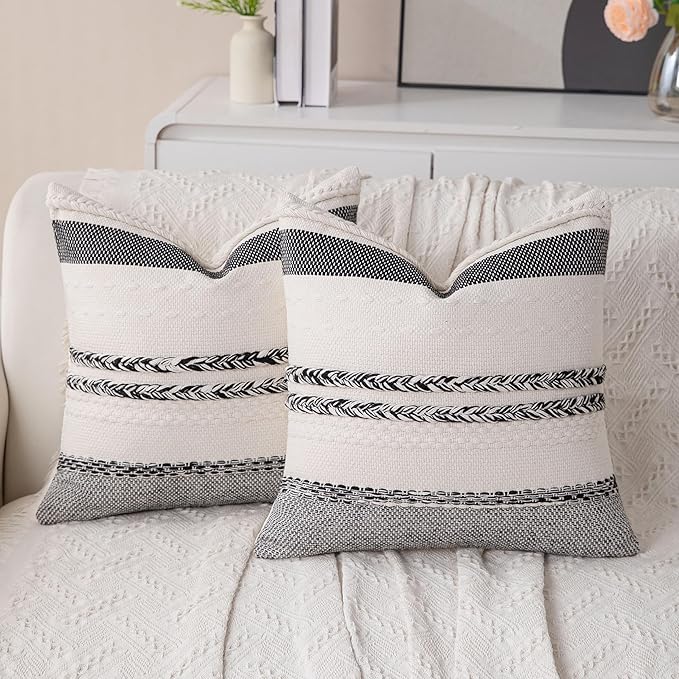 Boho Black Pillow Covers Pack of 2-18x18 Inch Decorative Farmhouse Accent Striped Boho Throw Pillows Neutral Coastal Textured Square Pillowcases for Couch Living Room Bed Sofa, Home Decor