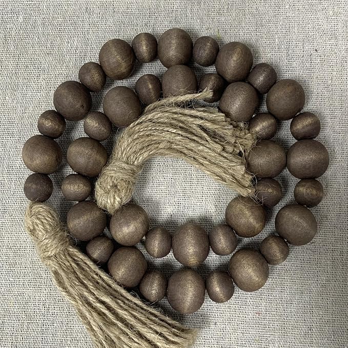 Handcrafted Farmhouse Wooden Decorative Beads Garland, Table Tray Boho Wood Beads with Tassel, Small Rustic Antique Decor for Home and Events (Dark Walnut)