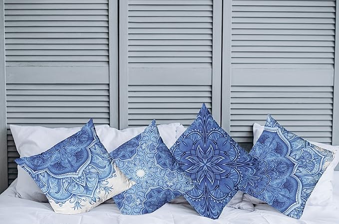 Ambesonne Ethnic Throw Pillow Cushion Case Pack of 4, Mandala Inspired Folk Art Themed Creative Motifs Mosaic Like Illustration Print, Modern Accent Double-Sided Digital Printing, 18", Blue White