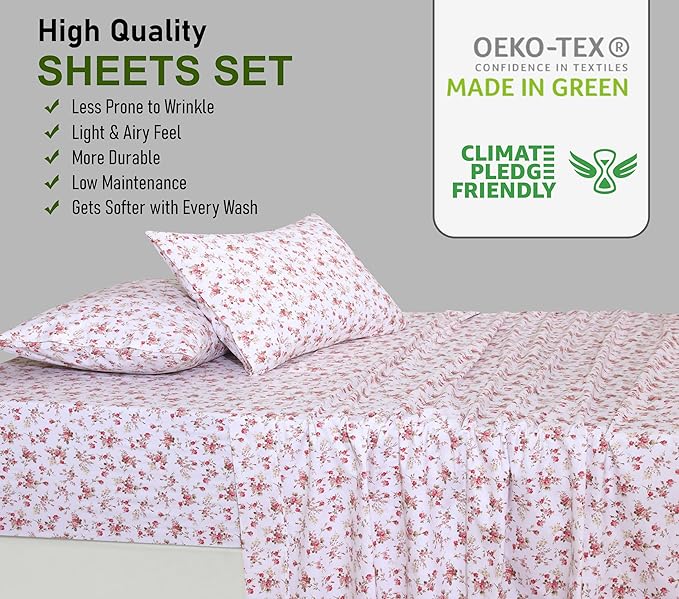 RUVANTI 100% Cotton California King Sheet Sets, 4 Pieces, Soft & Breathable Percale Weave Bedding, Deep Pocket 14", Hotel Standard, Crisp Cool Feel & Durable, Perfect Floral Sheets, Bouquet