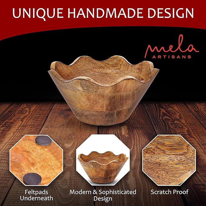 Mela Artisans Small Scalloped Decorative Wooden Bowl | 8 Inch Mango Wood Fruit & Serving Bowl | Natural Grain Finish | Perfect for Snacks | Desserts | Bread | Kitchen Counter | Handcrafted Decor