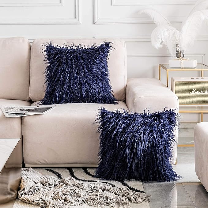 Home Brilliant Navy Blue Throw Pillows Covers 20 x 20 Set of 2 Holiday Soft Fur Pillow Covers Decorative for Couch Sofa Beach Party, 20x20 Inches, Navy Blue