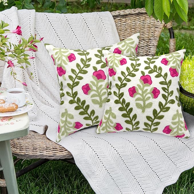 Alysheer Floral Embroidered Summer Decorative Throw Pillow Covers 20"x 20" Set of 2, Farmhouse Cottage Hot Pink Flowers Green Leaves Knit Pattern Cotton Canvas Cushion Case for Couch Bed Living Room