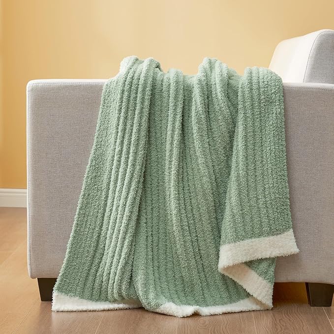 Snuggle Sac Soft King Size Blanket for Bed, Cozy Soft Fuzzy Microfiber Knit Stripe Bedding Blankets, Sage Green, 108x90 inches