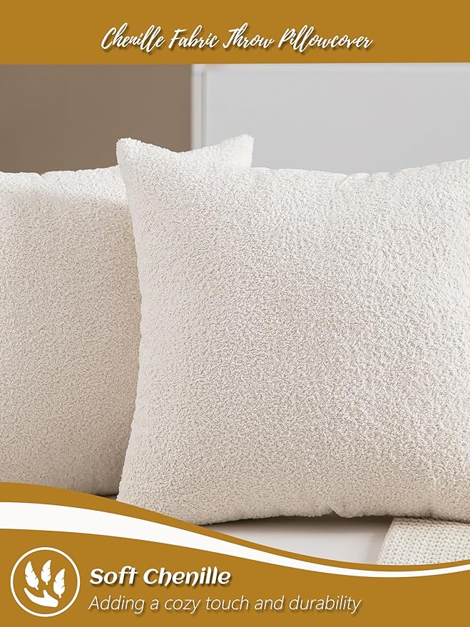 2 Packs Decorative Neutral Beige Textured Chenille Throw Pillow Covers 18x18 Inch Solid Farmhouse Boucle Couch Pillows, Modern Soft Velvet Pillowcase Cushion Covers for Living Room Home Decor