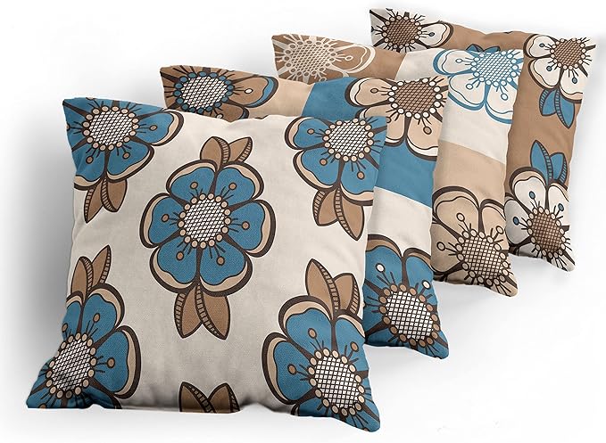 Ambesonne Retro Throw Pillow Cushion Case Pack of 4, Nostalgic Flower Petals Spring Vibes on Earthy Colors Mosaic Tile Themed, Modern Accent Double-Sided Digital Printing, 20", Sea Blue Umber and Tan