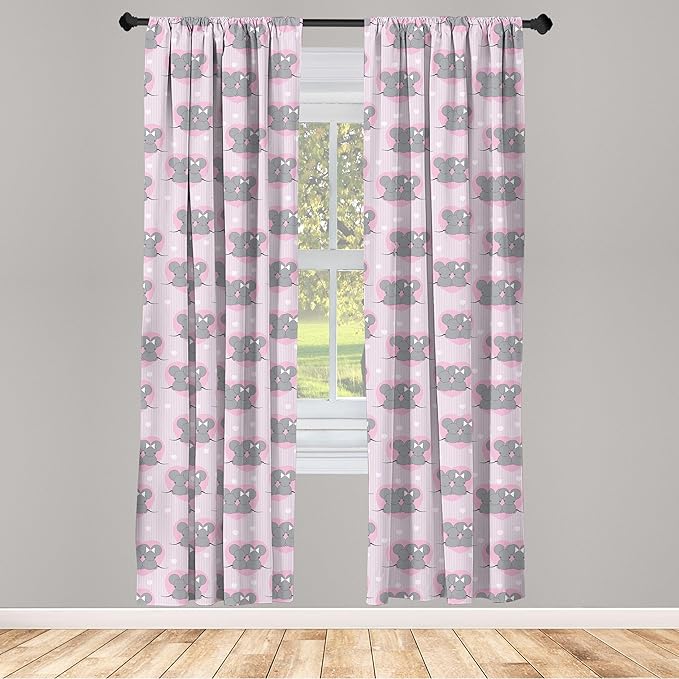 Ambesonne Pink and Grey Window Curtains, Little Mouse Characters with Hearts on Striped Backdrop Cartoon Lovers, Lightweight Decor 2-Panel Set with Rod Pocket, Pair of - 28" x 84", Grey Pink