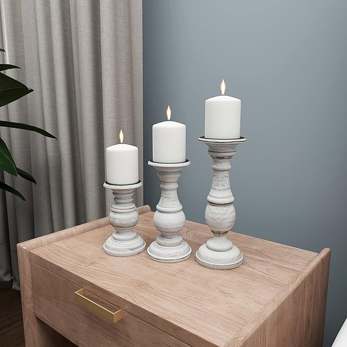 Deco 79 Mango Wood Decorative Candle Holder Turned Style Pillar Candle Stand, Set of 3 Candlestick Holder 10", 8", 6”H, White