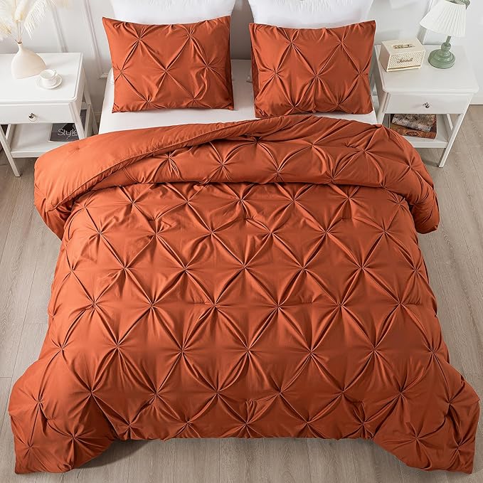 Andency Burnt Orange Pinch Pleat Comforter Full (79x90Inch), 3 Pieces (1 Pintuck Comforter and 2 Pillowcases) Down Alternative Microfiber Bedding Set