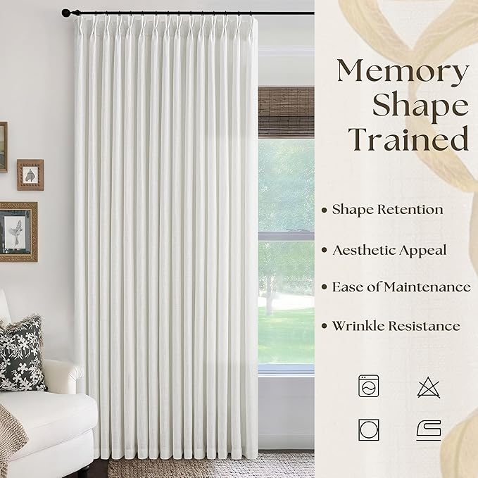 70x96 Pinch Pleated Extra Wide Curtain Panels 96 Inches Long 70 Wide Linen Curtain for Patio Sliding Glass Door Semi Sheer Beige White Hooks Rings Privacy 96 Inch Length for Living Room 1 Panel