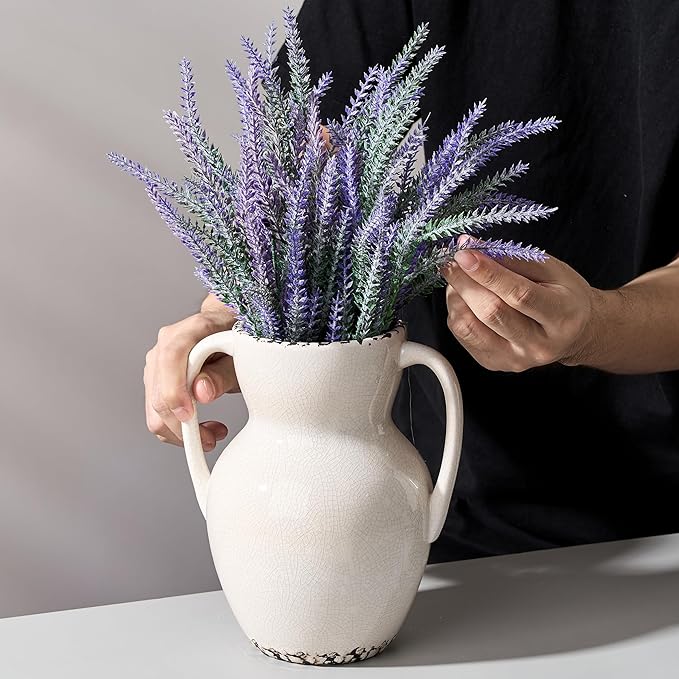 White Ceramic Rustic Vase with 2 Handles, Modern Farmhouse Round Flower Vase, Antique Decorative Vases for Home Decor, Wedding, Living Room, Shelf Decor - 8.3 Inch Tall, Ice Cracked White