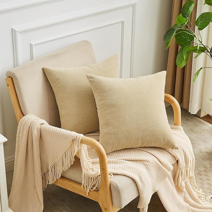 GAWAMAY Decorative Square Throw Pillow Covers 22x22 Inch Set of 2, Super Soft Chenille Pillows Farmhouse Fall Pillowcase for Living Room Bedroom Sofa Couch Cushion Cover Khaki 55x55cm (No Insert)