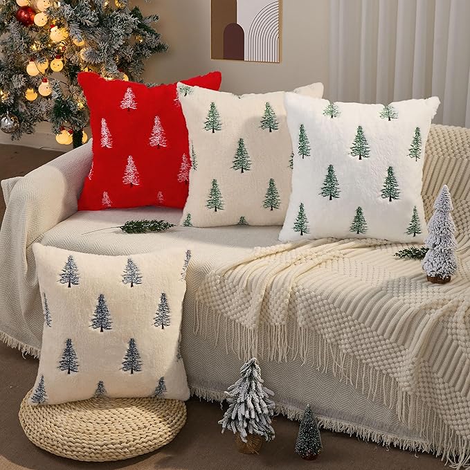 DFXSZ Christmas Pillow Covers 20x20 inch Set of 2 Green Embroidered Christmas Tree Decoration Beige Soft Plush Faux Fur Jacquard Throw Pillows for Bedroom Sofa Holiday Winter Home Decor PTK071C20