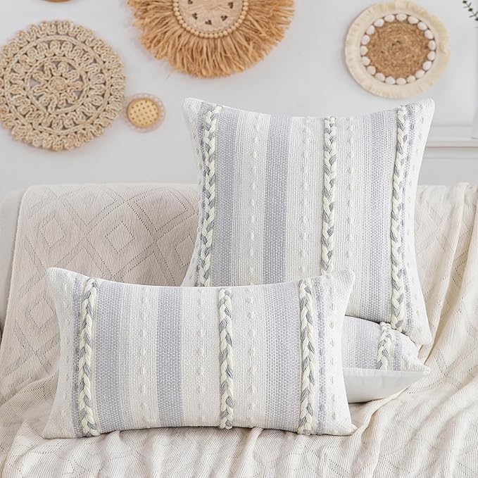 Grey Boho Striped Pillow Covers Set of 2-20x20 Inch Farmhouse Coastal Decorative Throw Pillows, Neutral Accent Textured Square Pillowcase for Couch Living Room, Bed, Sofa Chair Home Decor