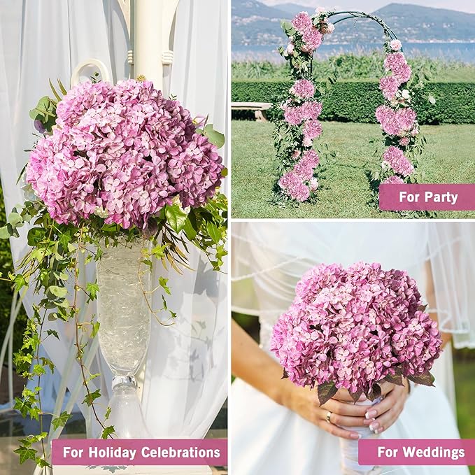 Artificial Flower Fake Silk Hydrangea Heads Bouquet with Stems Bulk for Fall Decoration Table Center Christmas Indoor Outdoor Faux Floral Realistic with Leaves Plants Crafts 8PCS(Pink)