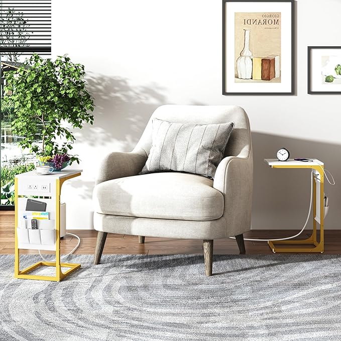 TUTOTAK C Shaped End Table with Charging Station, Side Table for Sofa, Couch Table with Storage Bag, TV Tray Table with 2 USB Ports and Outlets for Living Room, Bedroom, White and Gold TB01BWG024