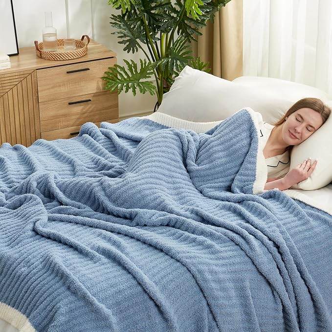 Snuggle Sac Warm King Size Blanket for Bed, Cozy Soft Fuzzy Microfiber Knit Stripe Bedding Blankets, Blue, 108x90 inches