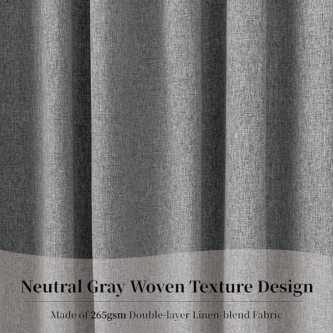 Neutral Grey Blackout Linen Curtains 84 Inch Length 2 Panels Set, Back Tab Loop Pocket Thermal Insulated Light Blocking Black Out Linen Weave Drapes for Offices Living Room 52x84 Inch, Frost Gray