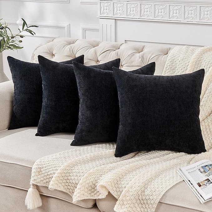 GAWAMAY Decorative Square Throw Pillow Covers 18"x18" Inch Set of 4, Super Soft Chenille Pillows Farmhouse Fall Pillowcase for Living Room Bedroom Sofa Couch Cushion Cover Black 45x45cm (No Insert)