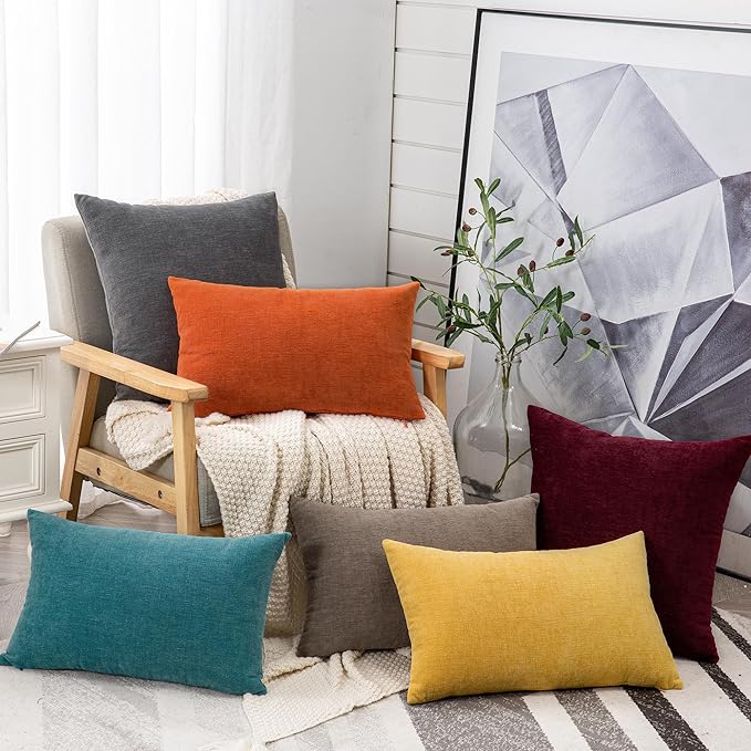 GAWAMAY Lumbar Pillow Decorative Rectangle Throw Pillow Covers 12"x20" Inch Set of 2, Super Soft Chenille Pillowcase for Living Room Bedroom Sofa Couch Cushion Cover Taupe Grey 30x50cm (ONLY Covers)