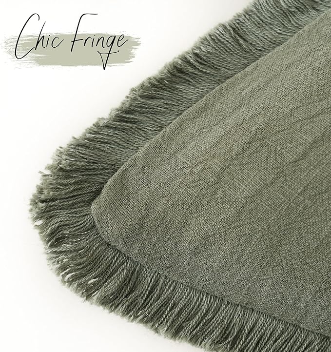Foindtower Set of 2 Decorative Linen Fringe Throw Pillow Covers Cozy Farmhouse Boho Cushion Cover with Tassels Soft Accent Pillowcase for Couch Sofa Bed Living Room Home Decor 20×20 Inch Olive Green