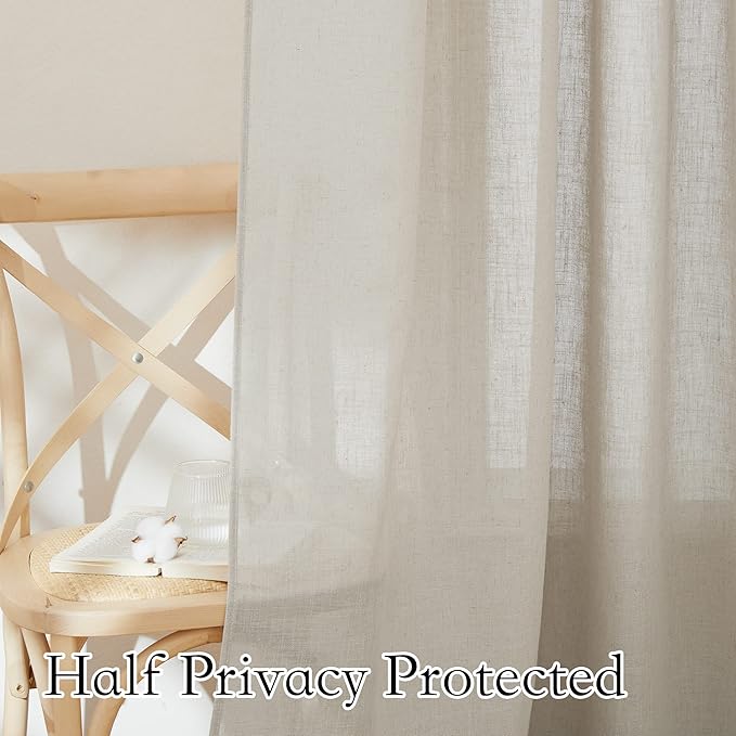 RYB HOME Flax Linen Blend Curtains - European Flax Linen Semi Sheer Curtains Privacy Protect Window Drapes Light Filter for Parlor, Sliding Door, Villa, Party, W 52 x L 95 inch, Angora, 2 PC
